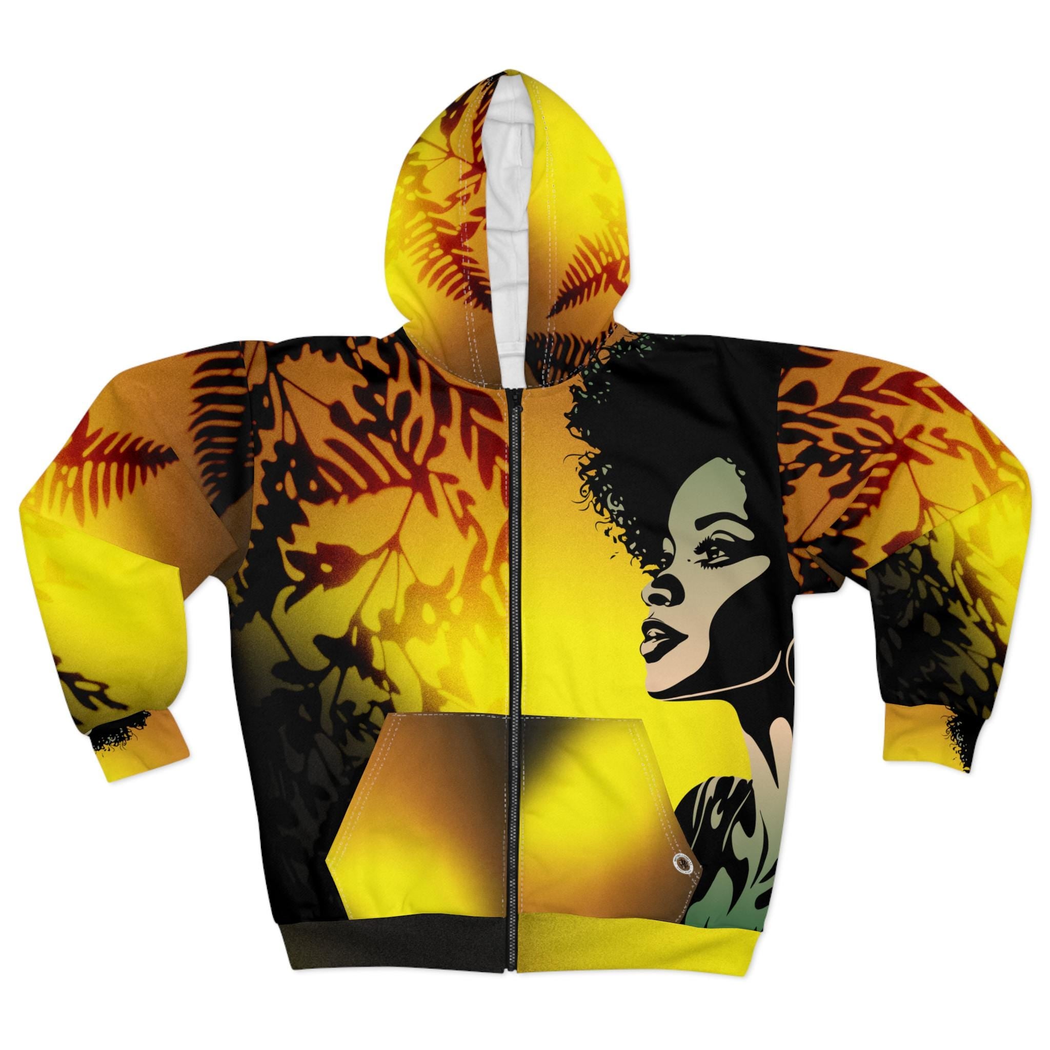 Afro Woman Silhouette Zip Hoodie | Yellow Gradient All-Over Print