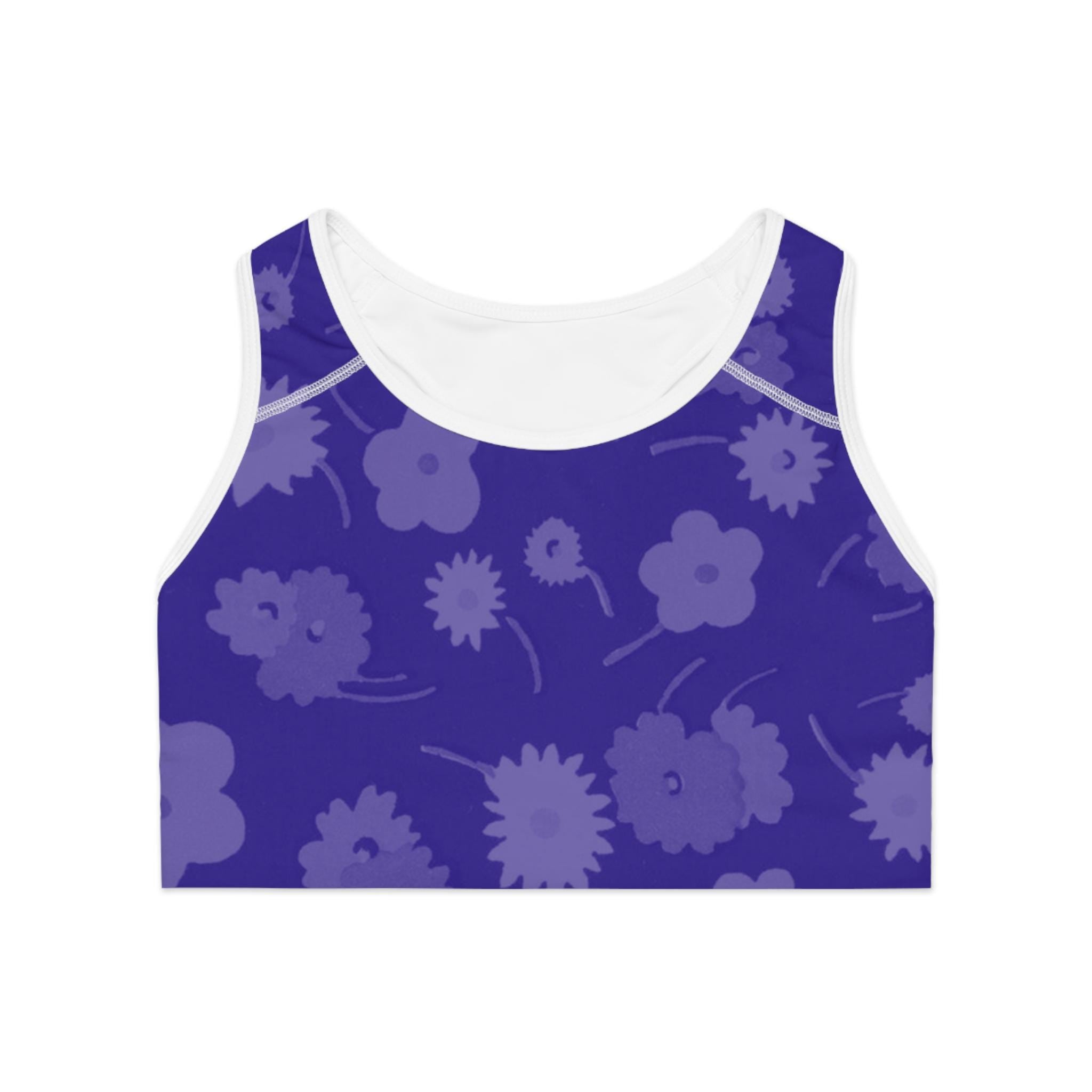 Purple Floral Pattern Sports Bra | Violet Bloom All-Over Print Activewear