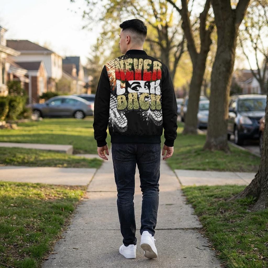 Never Look Back Bomber Jacket | Retro Grunge Typography, Face & Shoe Graphic