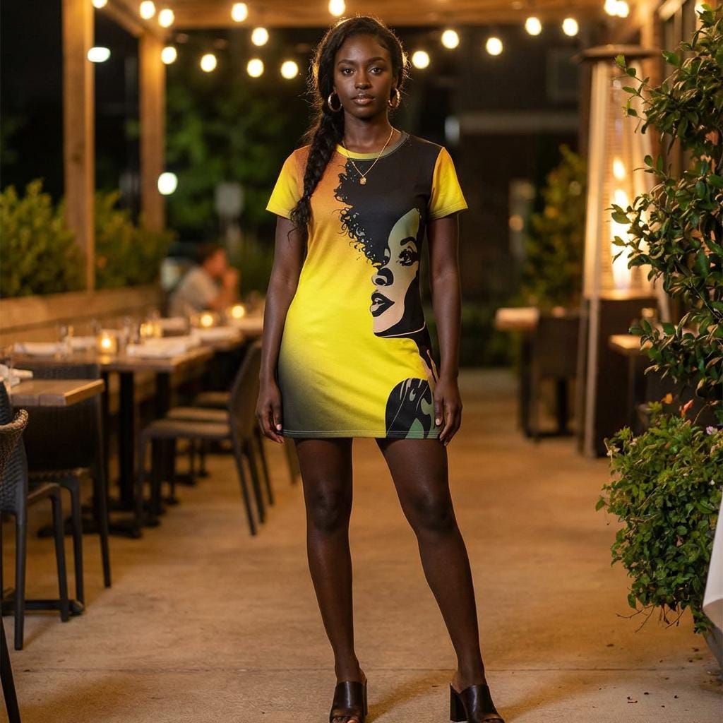 Afro Silhouette Illustration T-Shirt Dress | Yellow Gradient