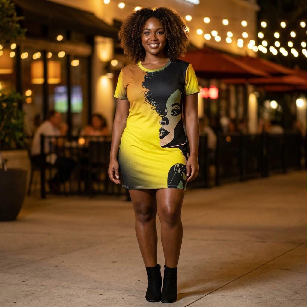 Afro Silhouette Illustration T-Shirt Dress | Yellow Gradient