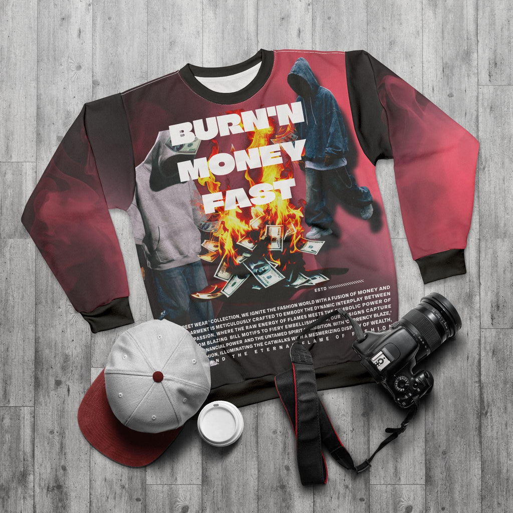 Burnin Money Fast sweatshirt | All-Over Print Smoke Graphic
