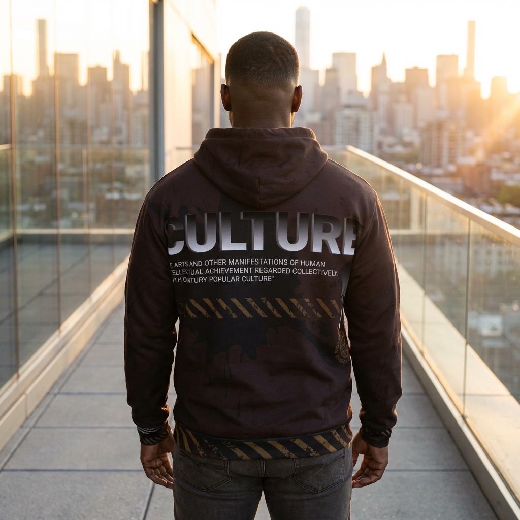 Culture Graphic Hoodie | Industrial Text, Distressed Stripes