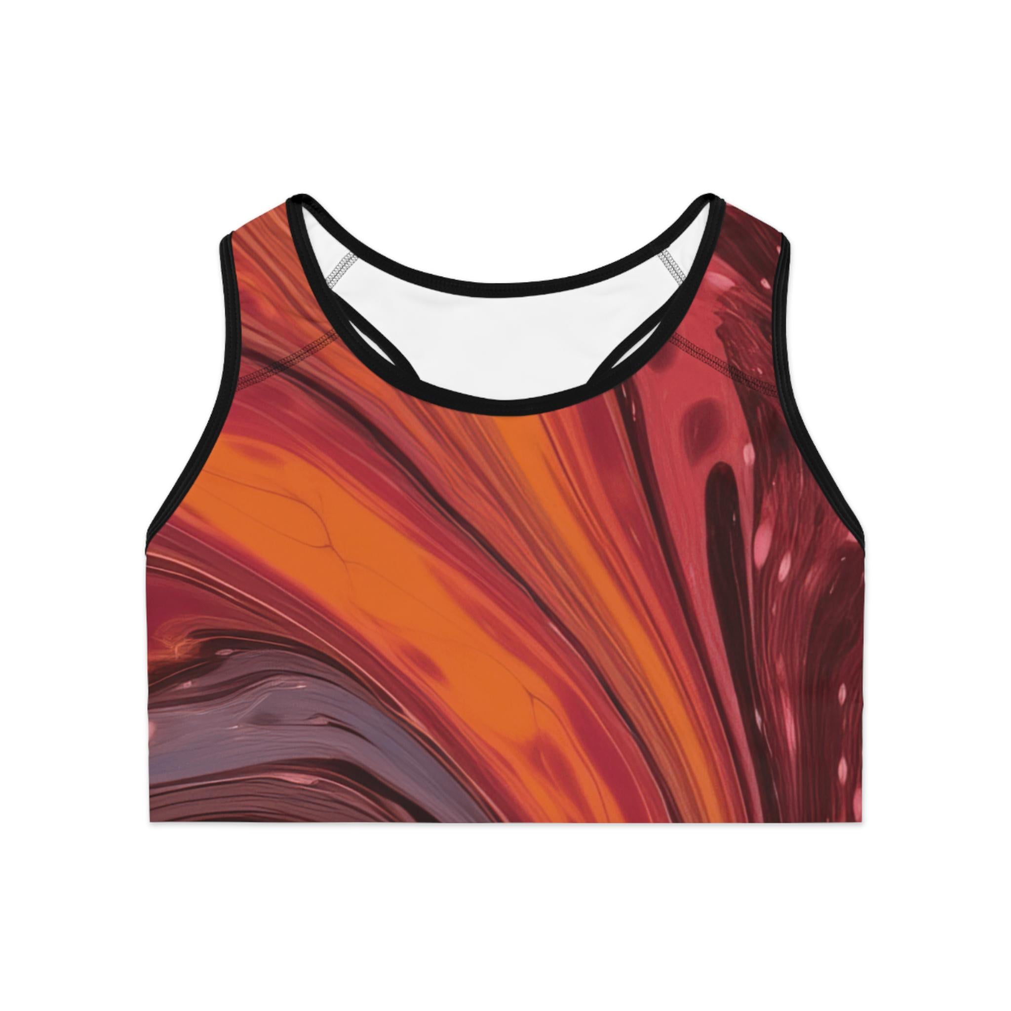 Abstract Red Orange Swirl Sports Bra | Marble Fluid Art Activewear
