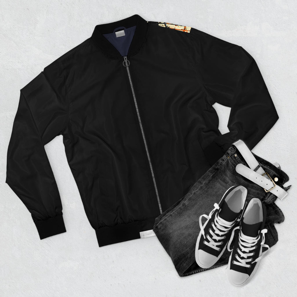 Never Look Back Bomber Jacket | Retro Grunge Typography, Face & Shoe Graphic