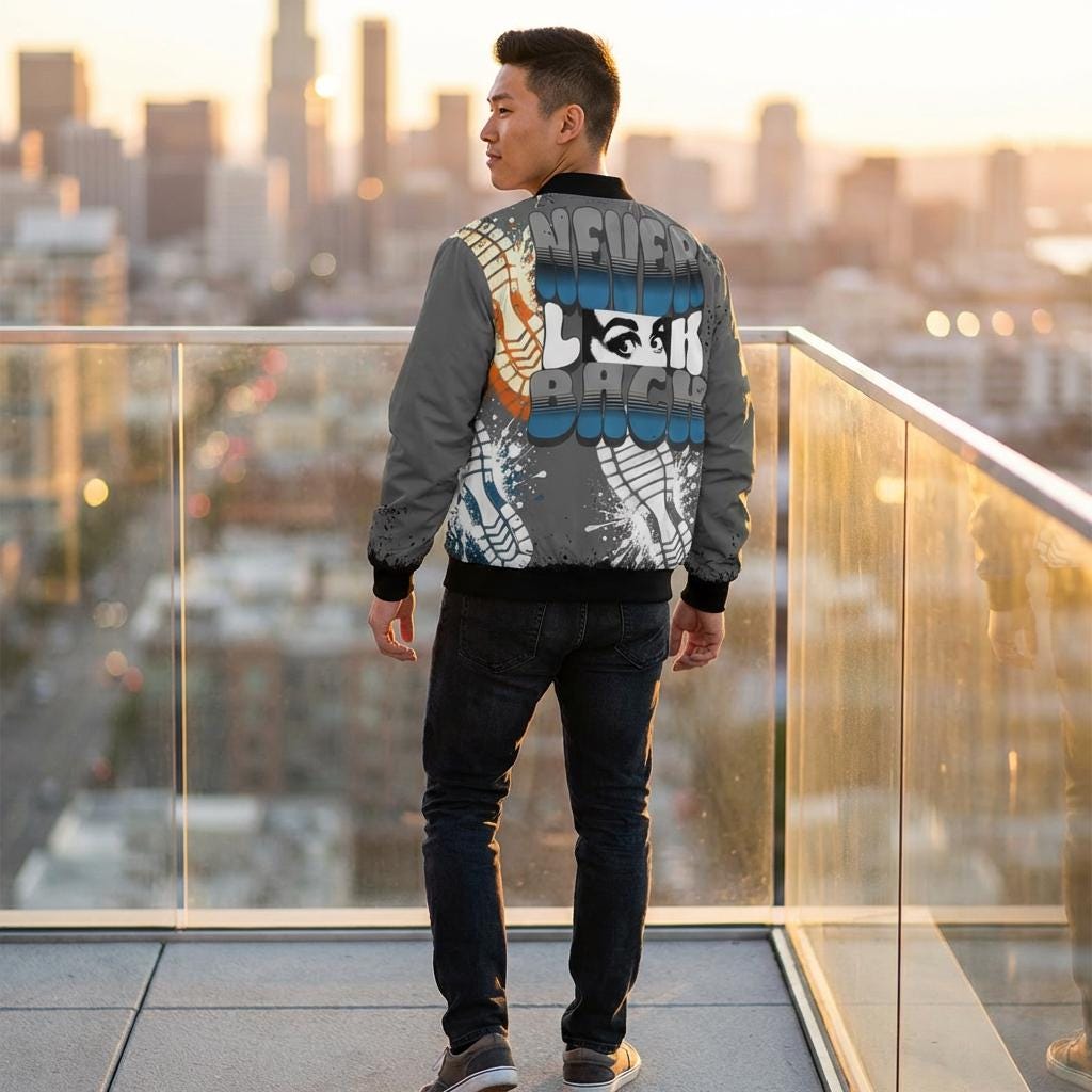 Never Look Back Bomber Jacket | Grey Graphic Bomber