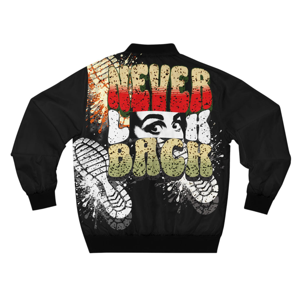 Never Look Back Bomber Jacket | Retro Grunge Typography, Face & Shoe Graphic