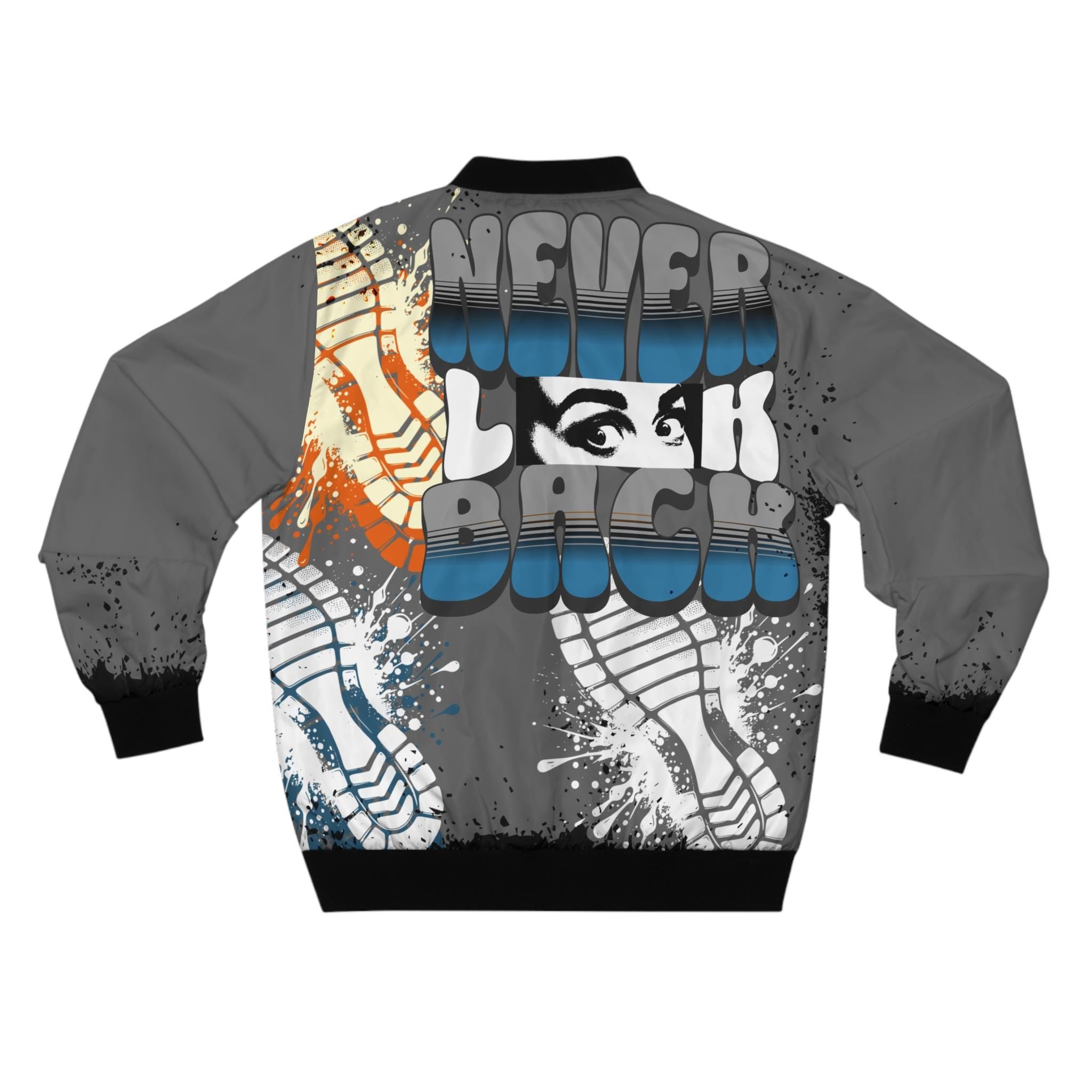 Never Look Back Bomber Jacket | Grey Graphic Bomber