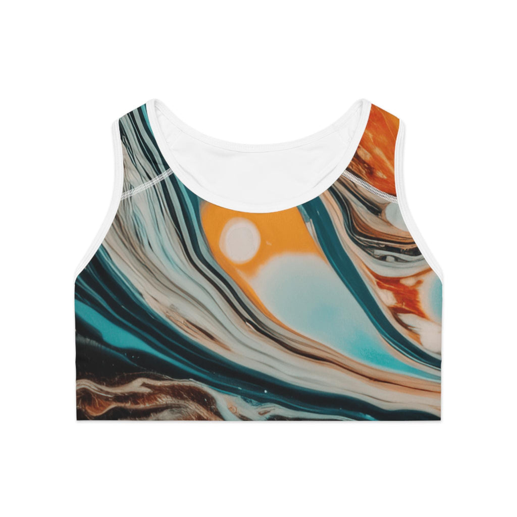 Abstract Marbled Swirl Sports Bra | Turquoise Orange Fluid Art