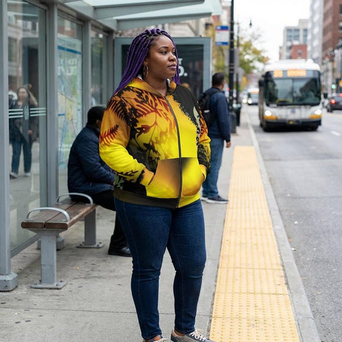 Afro Woman Silhouette Zip Hoodie | Yellow Gradient All-Over Print